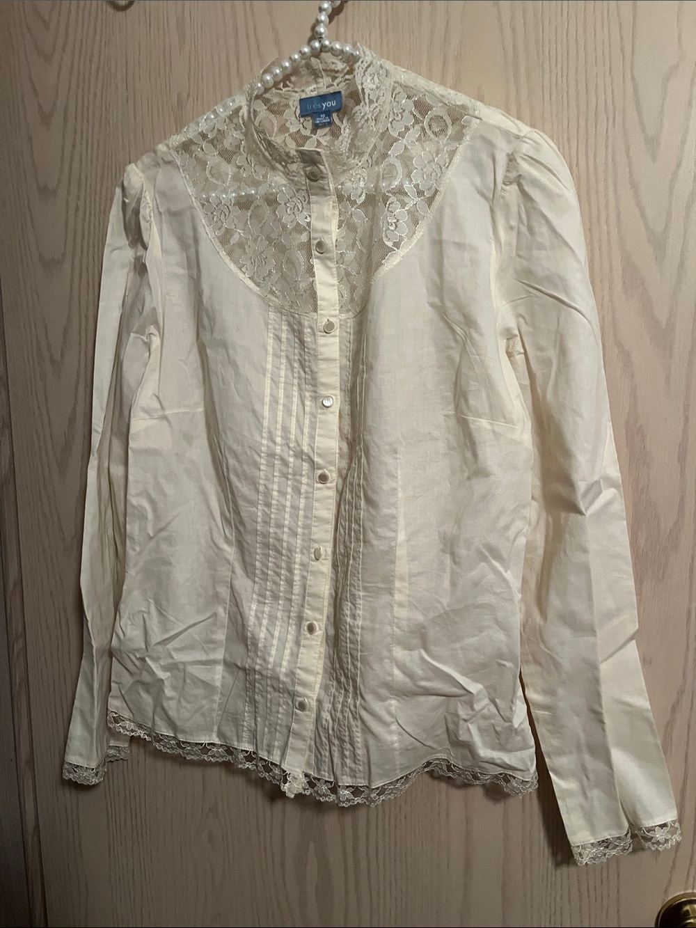 Cream Lace-Yoke Button Front Blouse
